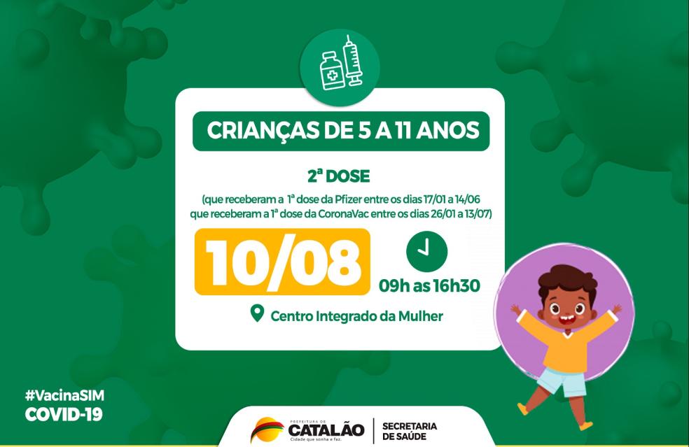 Saúde convoca crianças de 5 a 11 anos para receberem a 2ª dose da vacina pediátrica.