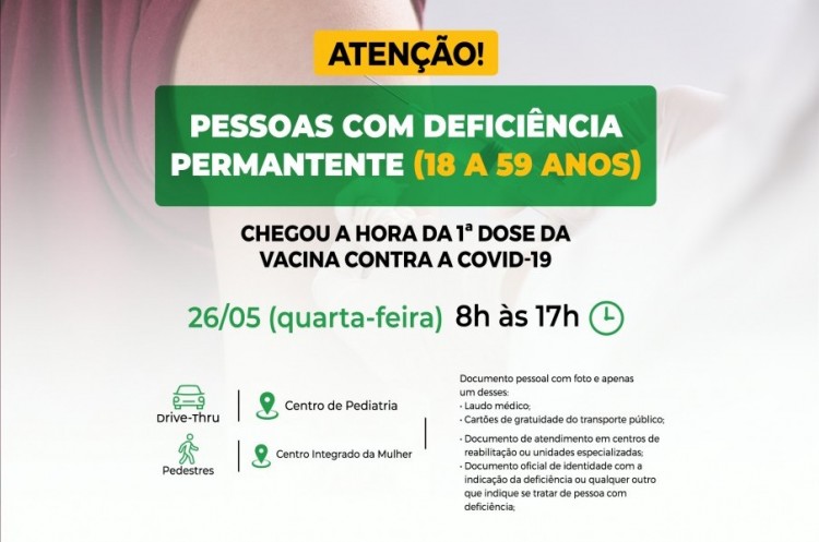 Novo grupo: Saúde convoca pessoas com deficiência permanente de 18 a 59 anos para se vacinarem contra a covid-19